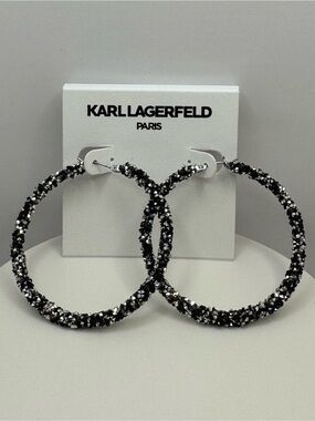 Karl Lagerfeld Paris Black and Silver Crystal Hoop Earrings NEW